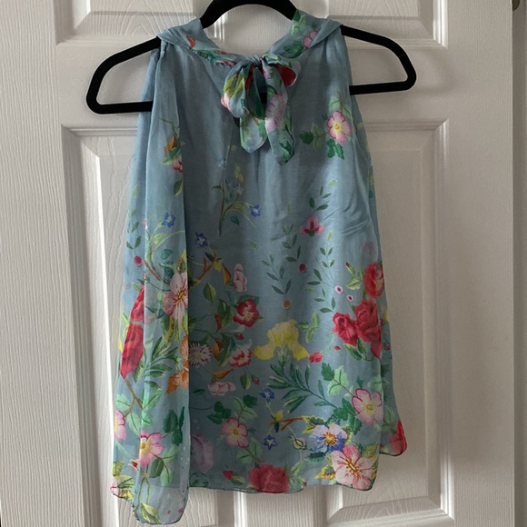 Elena Baldi teal silk blend flower print top with bow tied back sleeveless - Picture 3 of 7